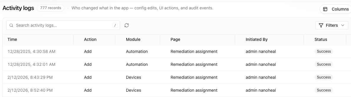 Nanoheal console, activity log: four changes, each an Add to a remediation assignment by admin nanoheal, on 28 December 2025 and 12 February 2026, all successful