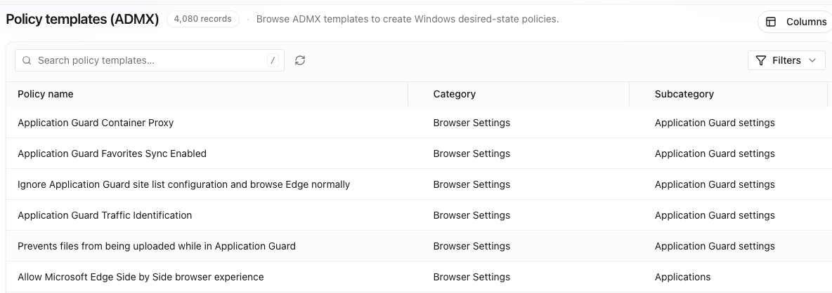 Nanoheal console: the policy templates (ADMX) catalogue, by category and subcategory.