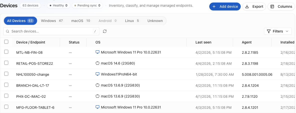 Nanoheal console: one fleet in one console, counted by operating system: 63 devices, Windows 47, macOS 10, Android 0 and Linux 5