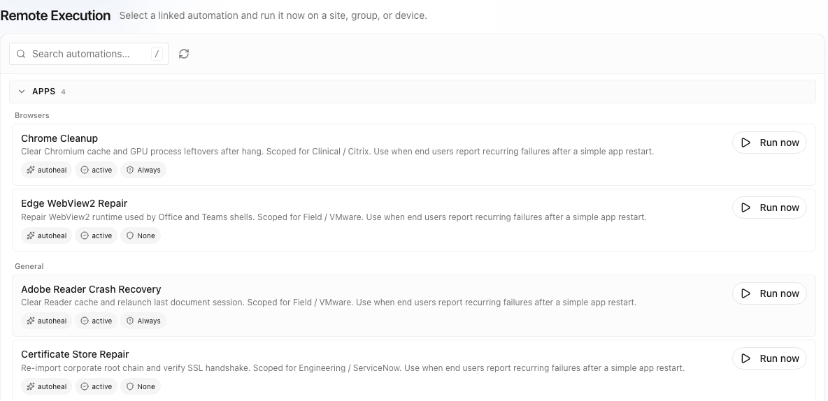 Nanoheal console: library entries such as Chrome Cleanup and Edge WebView2 Repair, each tagged autoheal and active.