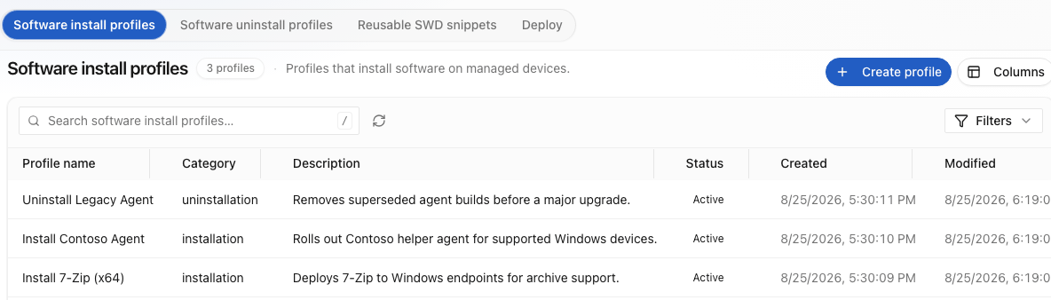 Nanoheal console: software install profiles that install and remove software on managed devices.