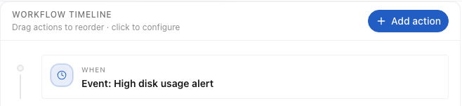 Nanoheal console: the first step of the resulting automation, its trigger, an event: high disk usage alert