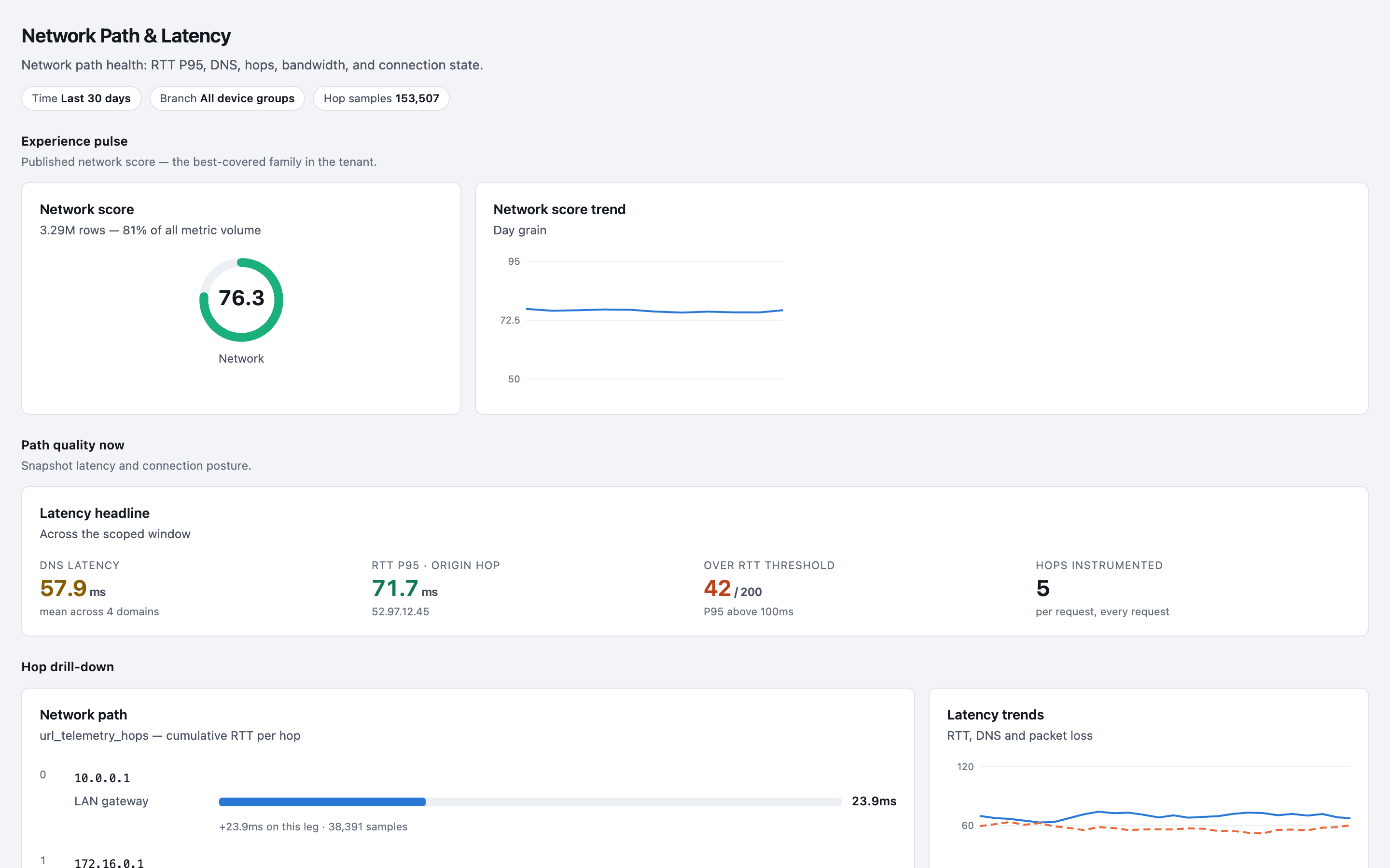 Haya Network Path and Latency: latency trends, round-trip time, DNS and packet loss, with demo tenant data