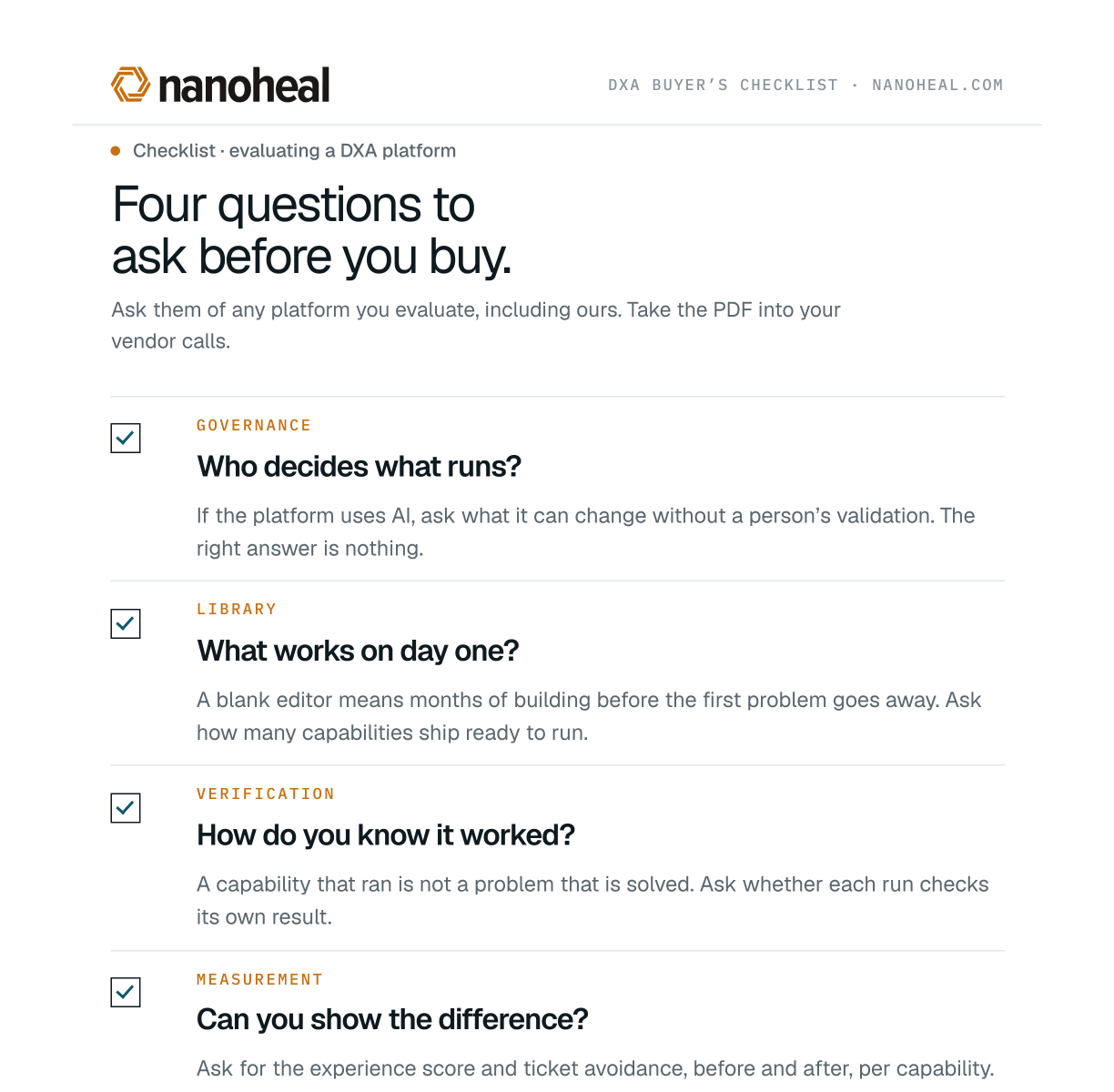 The DXA buyer’s checklist PDF: one page with the four questions, Nanoheal logo at the top